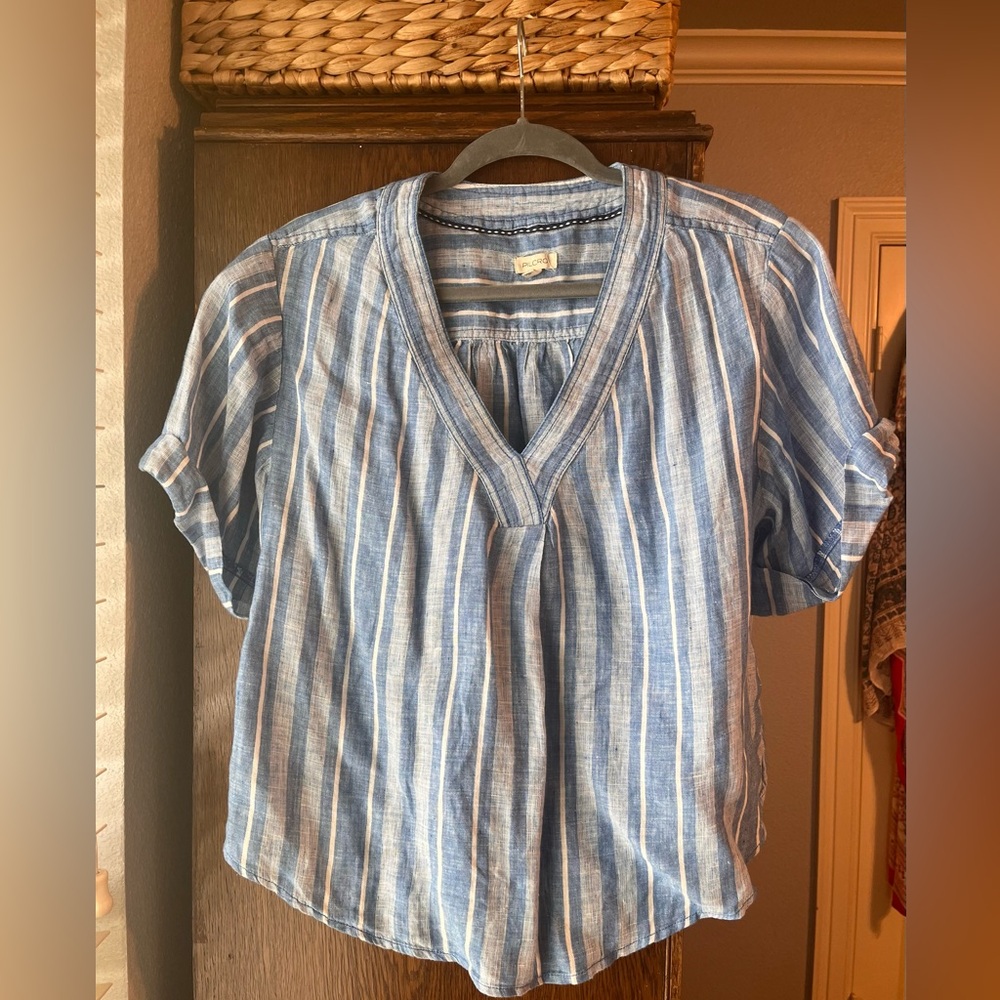 Pilcro Blue and White Relaxed Pleated Blouse - Linen